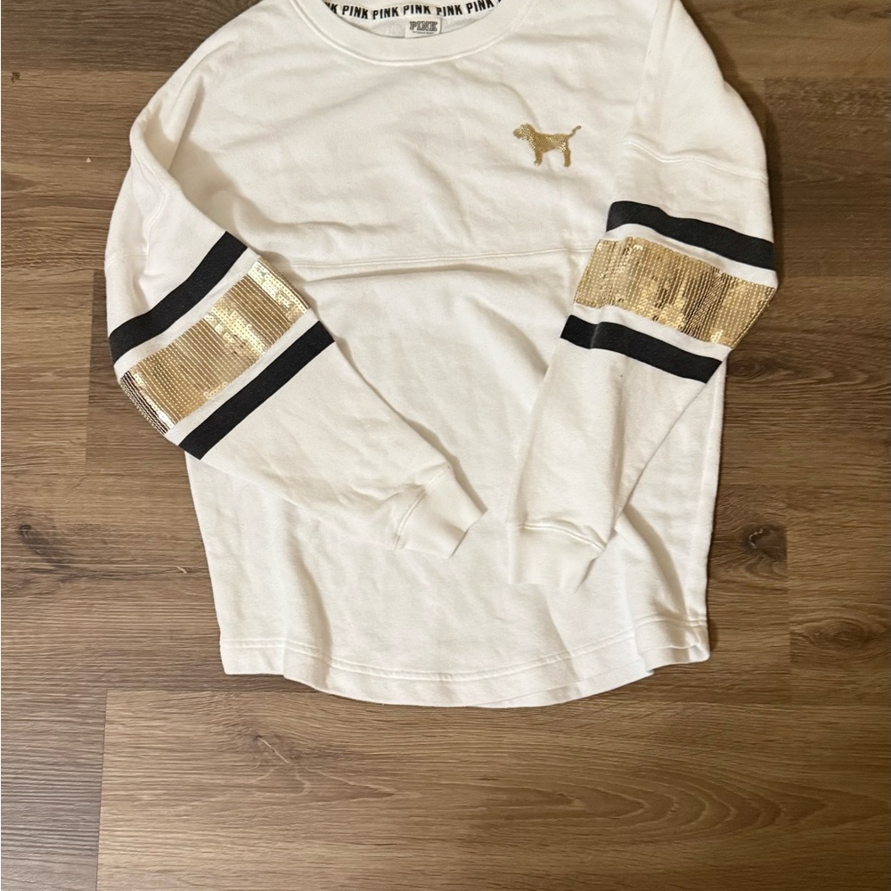 PINK Victoria's Secret White and Gold Long Sleeve Tee